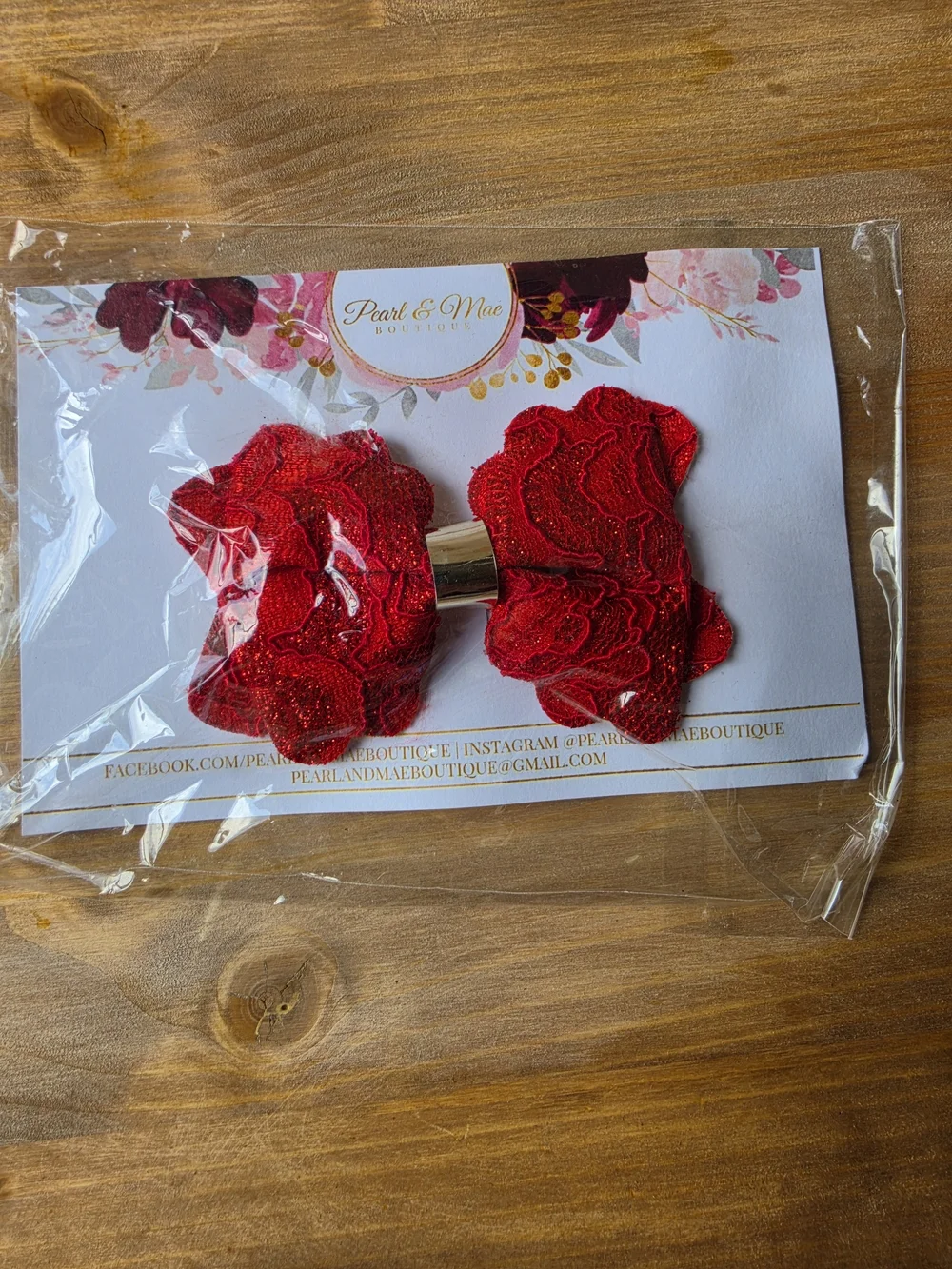 Red Lace Bow Hair Clip with Metal Accent